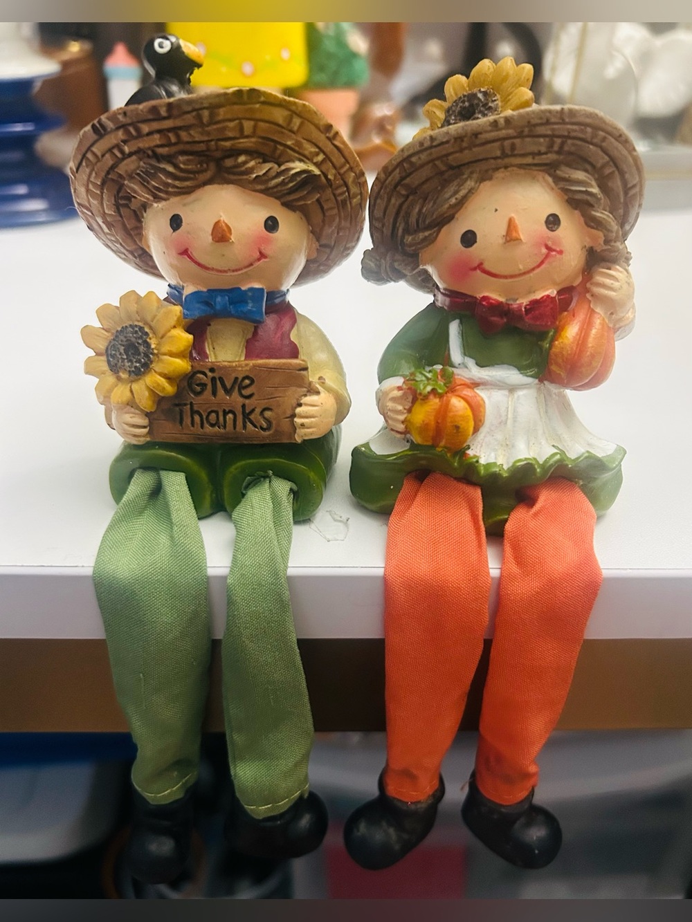 Thanksgiving Fall Boy & Girl Sitting Figures w/ Dangling Legs 7”